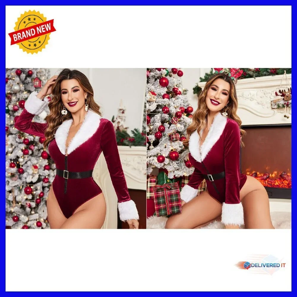 Long Sleeve Velvet Teddy Bodysuit with Belt, Snap Crotch, Holiday Lingerie